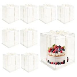 Cashger 8 Pcs 10x10x12Inch Clear Cake Box with Ribbon, PET Tall Cake Boxes, Clear Gift Boxes for 8 Inch Cake, Bakery Transport Container, Transparent Display Box for Birthday Wedding Party