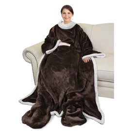 Catalonia Sherpa Wearable Blanket with Sleeves & Foot Pockets for Adult Women Men, Comfy Snuggle Wrap Sleeved Throw Blanket Robe, Gift Idea, Brown