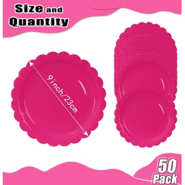 HEIPINIUYE 50 Pieces Hot Pink Paper Plates 9 Inch Disposable Hot Pink Scalloped Dinner Plates for Wedding Baby Shower Birthday Party Dessert Plate
