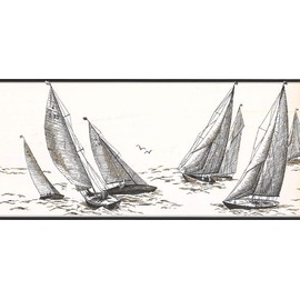 CONCORD WALLCOVERINGS ™ Vintage Ocean Wallpaper Border Featuring Boats Seagulls Sea, Colors Black and White, Size 9 Inches by 15 Feet HU6131B