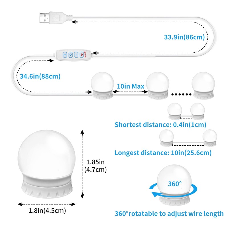 LED Vanity Mirror Lights with 12 Stick On Dimmable Bulbs,