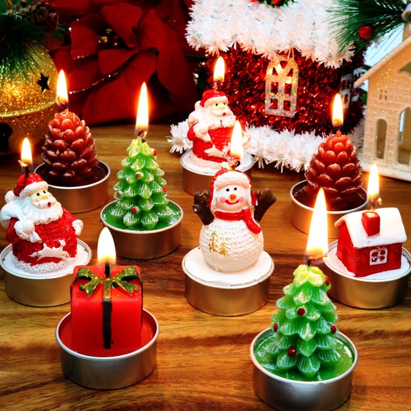 GIFTEXPRESS 18 Pcs Christmas Tealight Candles, Smokeless Unscented Tea Candles for Christmas Decoration Dinner and Party. Christmas Tree, Santa Claus, Snowman, Pine Candles