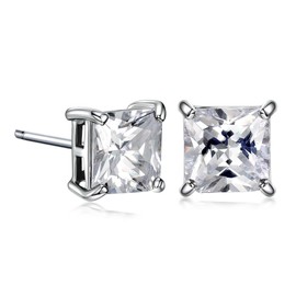 GULICX White Gold Electroplated 7mm Square Stone CZ Stud Earrings White Clear Unisex Men Women