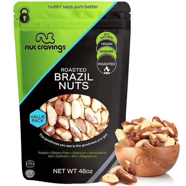 Roasted Brazil Nuts - Unsalted, No Shell, Whole (48oz - 3 Pound) Packed Fresh in Resealble Bag - Trail Mix Snack - Healthy Protien Food, All Natural, Keto Friendly, Vegan, Gluten Free, Kosher