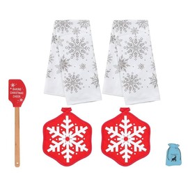 EB (4) Snowflake White Kitchen Towels and Red Pot Holders for Home Dining Baking BBQ Grilling Microwave Cooking Heat Resistant Christmas Dish Cloth Table Linen Set Holiday Decor Gift Accessories