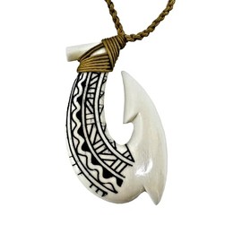 Hawaiian Hand Carved Tattooed Bone Fish Hook Necklace w/Khaki Cord.