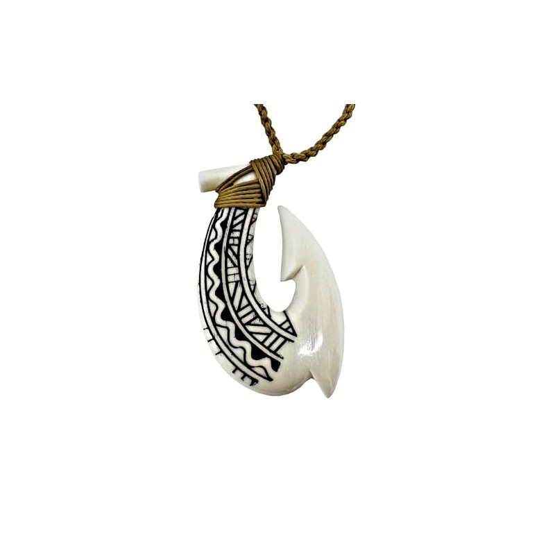 Hawaiian Hand Carved Tattooed Bone Fish Hook Necklace w/Khaki Cord.