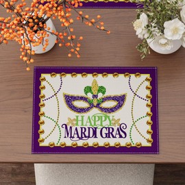 BOTB LIHM Happy Mardi Gras Fleur De Lis Iris Masquerade Mask Beads Cloth Placemats Set of 4 Table Mats Table Decorations 12x18 Inch