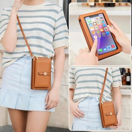 DOB SECHS Small Crossbody Phone Purse for Women, Touch Screen Cellphone Bag Cross Body Card Wallet, Water-resistant Phone Wallet Handbag, Clear Window Zipper Pocket, fit Most Phones up to 6.7’’, Brown