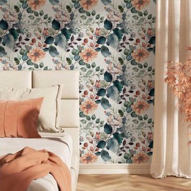 MuralPeel Boho Brown/Green/Orange Peony Floral Vintage Plants Garden Peel and Stick Wallpaper Easy Peel Off Vintage Self Adhesive Removable Stick on Wall Paper for Kitchen Cabinet Renter Friendly