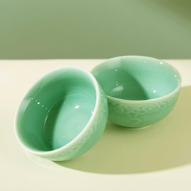 SILINE 4.5" Green Porcelain Bowls Set of 2,Genuine Longquan Celadon 9.8 Oz Rice Bowls -Classic Cyan