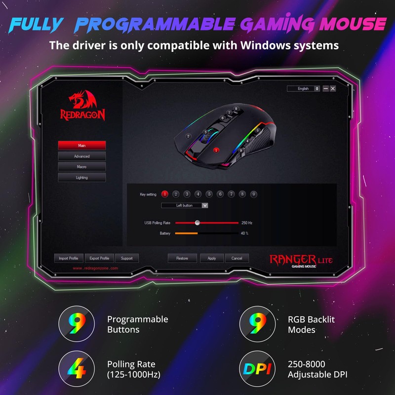 Redragon Gaming Mouse, Wireless Mouse Gaming with 8000 DPI, PC