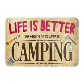 Life is Better When You Are Camping - Funny Camping Saying - Metal Sign with Cord and Suction Cup - Decorative Sign Gift Camping Caravan Caravan - Caravan Accessories - 18 x 12 cm
