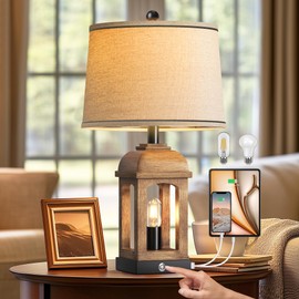 QiMH Table Lamp for Living Room, Farmhouse Lamps with USB A+C and Nightlight, 26" Rustic Bedside Lamps with 3-Way Dimmable Touch Control, Nightstand Lamp for Bedroom, Wood Grain, 1 Pack