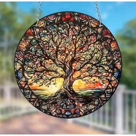 5D Paint Stained Glass Window Hanging, Sun Catchers Indoor Window Decor for Garden Home, 5.9in Suncatchers for Windows Hanging Decorations with Chain (LifeTree)