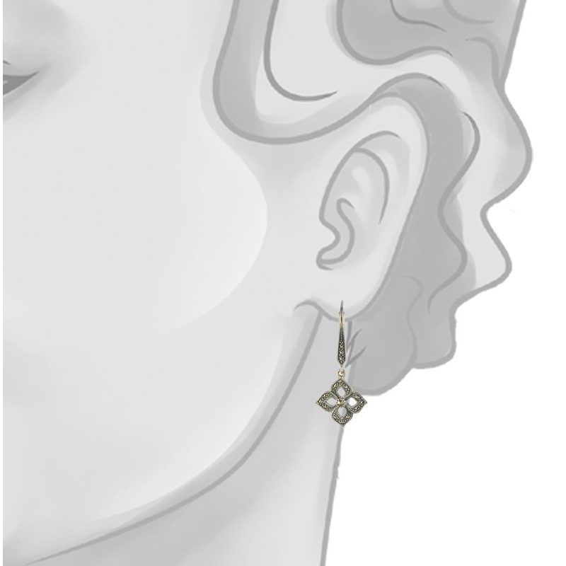 Esse Marcasite Sterling Silver Art Deco Flower Drop Leverback Earrings