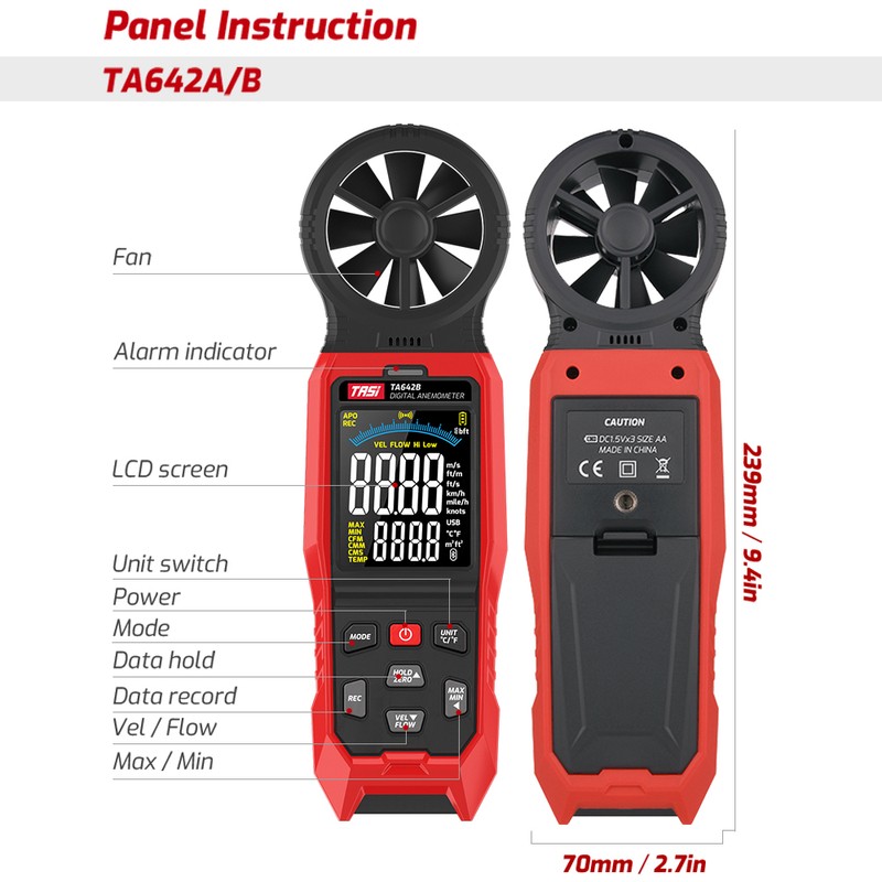 TASI TA642B Digital Anemometer Handheld Wind Speed Meter Measuring Air