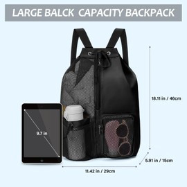 Cretosou Multifunctional Sports Bag Mesh Drawstring Backpack with Wet Pocket, Swimming Bag with Wet/Dry Compartment for Kids Adults, Lightweight Beach Backpack for Gym Beach Sport and Workout (Black)