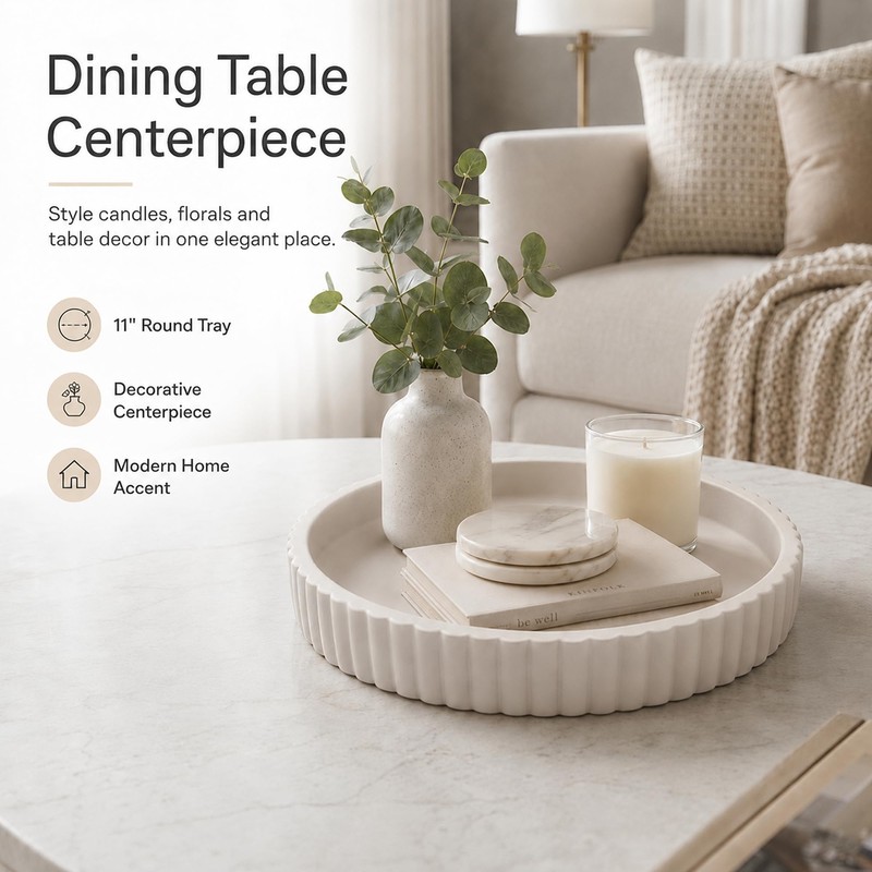 11" Concrete Coffee Table Tray, Cream Round Decorative Tray for