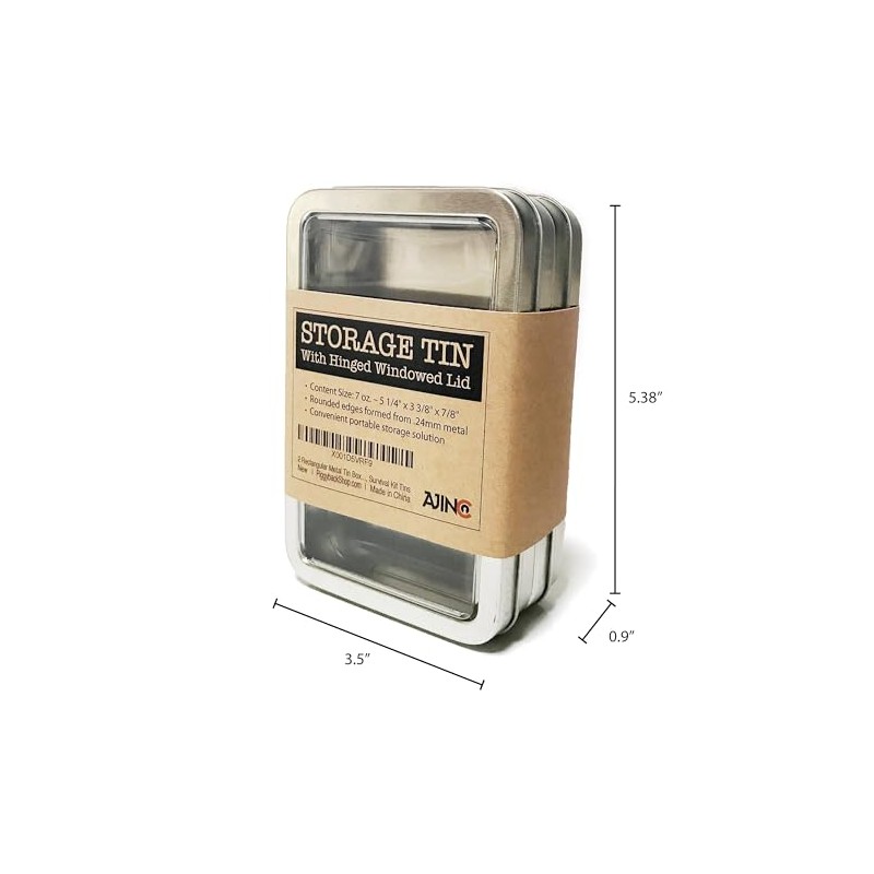 Rectangular Metal Storage Tin Box with Windowed Hinged Lid -