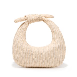 KOOIJNKO Knotted Straw Clutch Purses for Women, Bow Summer Beach Bag, Dumpling Evening Handbag Woven Clutch for Party Wedding, Cream White