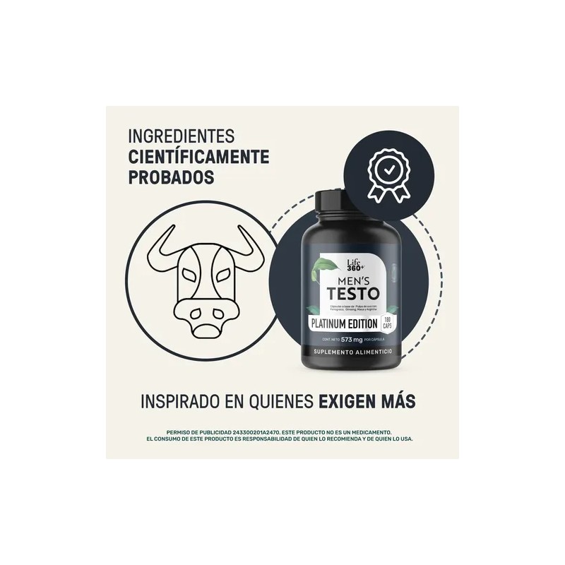 Testo Platinum Life 360+ 180 Cápsulas Fenogreco Ginseng Maca