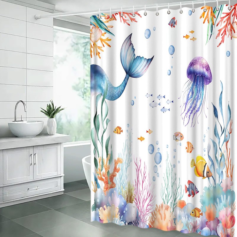 Ocean Coastal Shower Curtain Underwater Mermaid Jellyfish Tropical Fish Coral