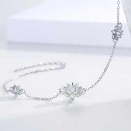 Lotus Bracelet 925 Sterling Silver Opal Pendant Bracelet Lotus Flower Link Bracelet Yoga Bracelet Gift for Women Mom