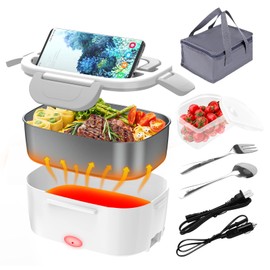 Electric Lunch Box, Food Warmer Heater 12V 24V 110V, 80W Faster Heated Lunch Box for Car/Truck/Home Portable Heating Boxes with 1.5L 304 SS Container Fork & Spoon, White+Gray