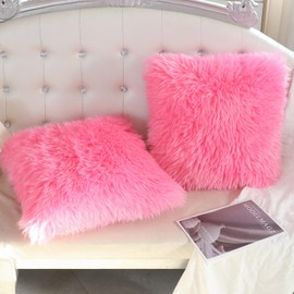 Cute Pink Fur Throw Pillow Covers Fluffy Pillow Cover, Set of 2 Faux Plush Cushion Merino Style Decorative Pillows Case for Couch Bed Living Room Chair Car,18x18 Inch