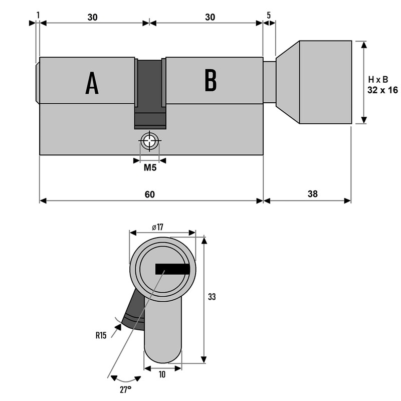 3x Knob Cylinder KSN 60 mm 30/30 Keyed Alike Including