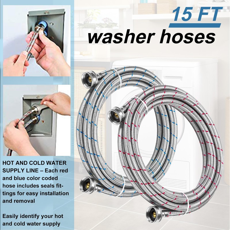 15FT Extra Long Washing Machine Hoses 3/4'' Standard NPT Connections