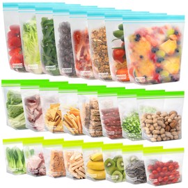 24 Pack Reusable Food Storage Bags Stand Up, Dishwasher Safe BPA Free Gallon Freezer Bags, Extra Thick Leakproof Ziplock Sandwich Snack Bags for Meal Prep Travel（8 Gallon,8 Half Gallon, 8 Sandwich)