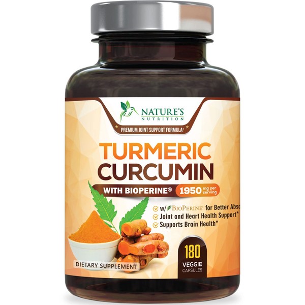 Turmeric Curcumin with BioPerine 95% Standardized Curcuminoids 1950mg - Black Pepper for Max Absorption, Joint Support, Nature's Tumeric Supplement, Vegan Herbal Extract, Non-GMO, 180 Capsules
