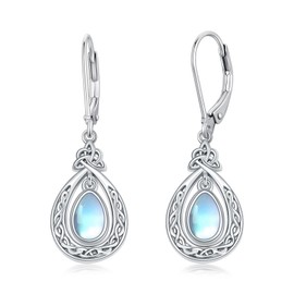 Celtic Moonstone Earrings - Irish Sterling Silver Leverback Filigree Earrings with Celtic Knot Trinity Design - Perfect for Birthdays