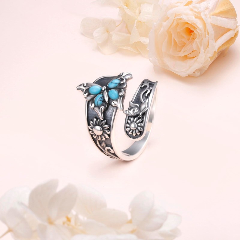Alphm Butterfly Spoon Turquoise Ring for Women S925 Sterling Silver