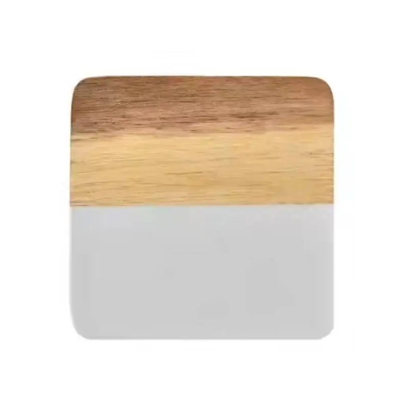 20 Pcs Natural Acacia Wooden White Marble Square Coasters Set