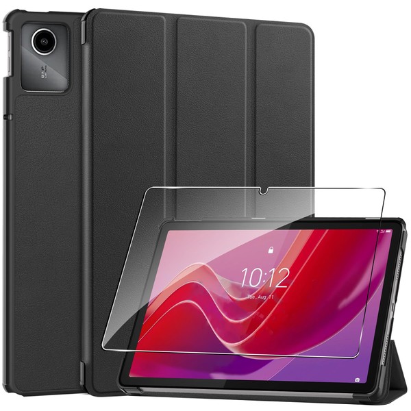 Case for Lenovo Tab M11 2024 11 Inch Tablet Case Cover + 1 Piece Protective Glass Screen Protector, Super Light Tri-Fold Folding Protective Case with Auto Sleep/Wake Function - Black