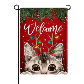 Artofy Welcome Christmas Tabby Cat Small Decorative Garden Flag, Red Xmas Pine Needle Snow Yard Lawn Outside Decor Pet Owner Lover Gift, Winter Holiday Outdoor Home Decoration Double Sided 12 x 18