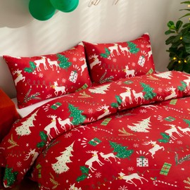 Christmas Duvet Cover Set Queen,Xmas Tree Reindeer Printed Bedding Set Soft Lightweight Comforter Cover for Festive Bedroom Decor 3 Pieces(1 Duvet Cover and 2 Pillowcases) Zipper Closure
