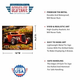 Desperate Enterprises Enjoy the Ride Route 66 Tin Sign - Garage Signs - Nostalgic Vintage Metal Signs - Made in the USA