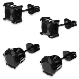 Mabor 2 Pairs Black Stud Earrings for Men Women Stainless Steel Square Round CZ Mens Earrings Studs Jewelry Set for Sensitive Ears(Black Color)