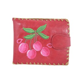 Skelapparel Cute Cherry Embroidered Vegan Leather Bi-Fold Wallet for Women – Adorable and Functional Design (Red, Medium)
