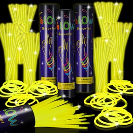 Hanaive 300 Pcs Glow Sticks Bulk 8 Inch Glow in the Dark Party Favors Neon Glow Bracelets and Necklaces Light up Sticks with Connectors for Christmas Party Supplies(Yellow)