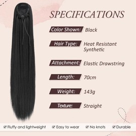 RUWISS Long Straight Ponytail Hairpiece - 70 cm Drawstring Clip Ponytail Hair Extensions Synthetic Braid Hair Extension for Women Daily (Black)