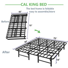 ZIYOO Heavy Duty California King Folding Bed Frames 14" High Mattress Foundation, Metal Platform Cal King Bed Frame, No Box Spring Needed, Easy Assembly, Noise Free-Black
