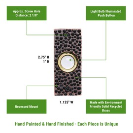 Waterwood Solid Brass Small Hammered Plate Doorbell in Oil Rubbed Bronze - Wired Illuminated Push Button - Environmentally Friendly Recycled Material