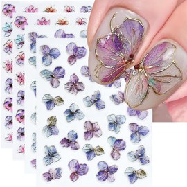 Flowers Nail Art Stickers, Purple Gold Flowers Nail Decals 5D Embossed with Purple Pink Orange Floral Design 4Pcs Gold Line Glitter Nail Art Supplies for Women Nail Decoration