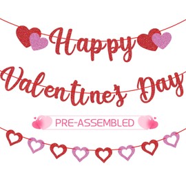 GULWAT Glitter Happy Valentines Day Banner, Glitter Red Pink Hanging Paper Heart Banner for Valentines Party Decorations Home School Classroom Office Hanging Wedding Anniversary Party Decor