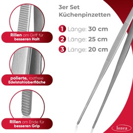 lozea Set of 3 cooking tweezers in 30 cm, 25 cm and 20 cm in rust-proof 18/8 stainless steel for a first-class cooking experience on family and barbecues for turning and gripping food in the kitchen